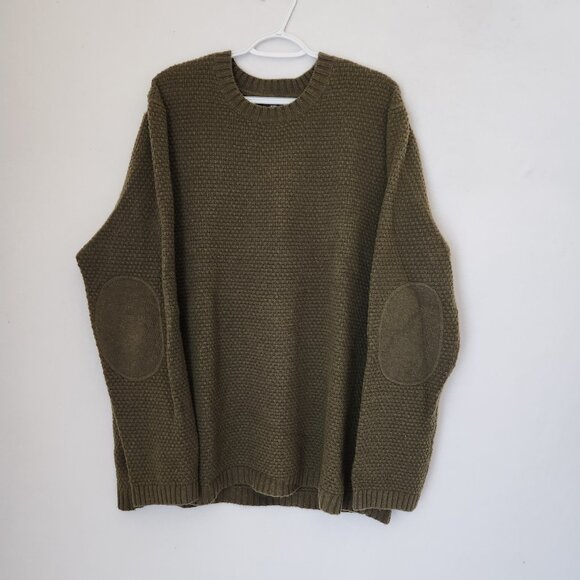 EUC Toad & Co Malamute Lambswool Waffle Knit Crew Sweater Elbow-Patch Green - Picture 1 of 8